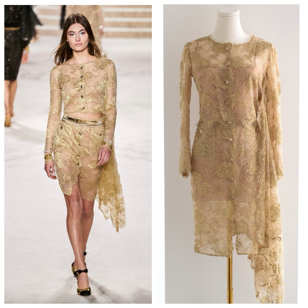 Chanel F/W 2020 Metiers D'Art Shimmery Gold Beige Lace Top Skirt 20A Suit - Picture 1 of 17